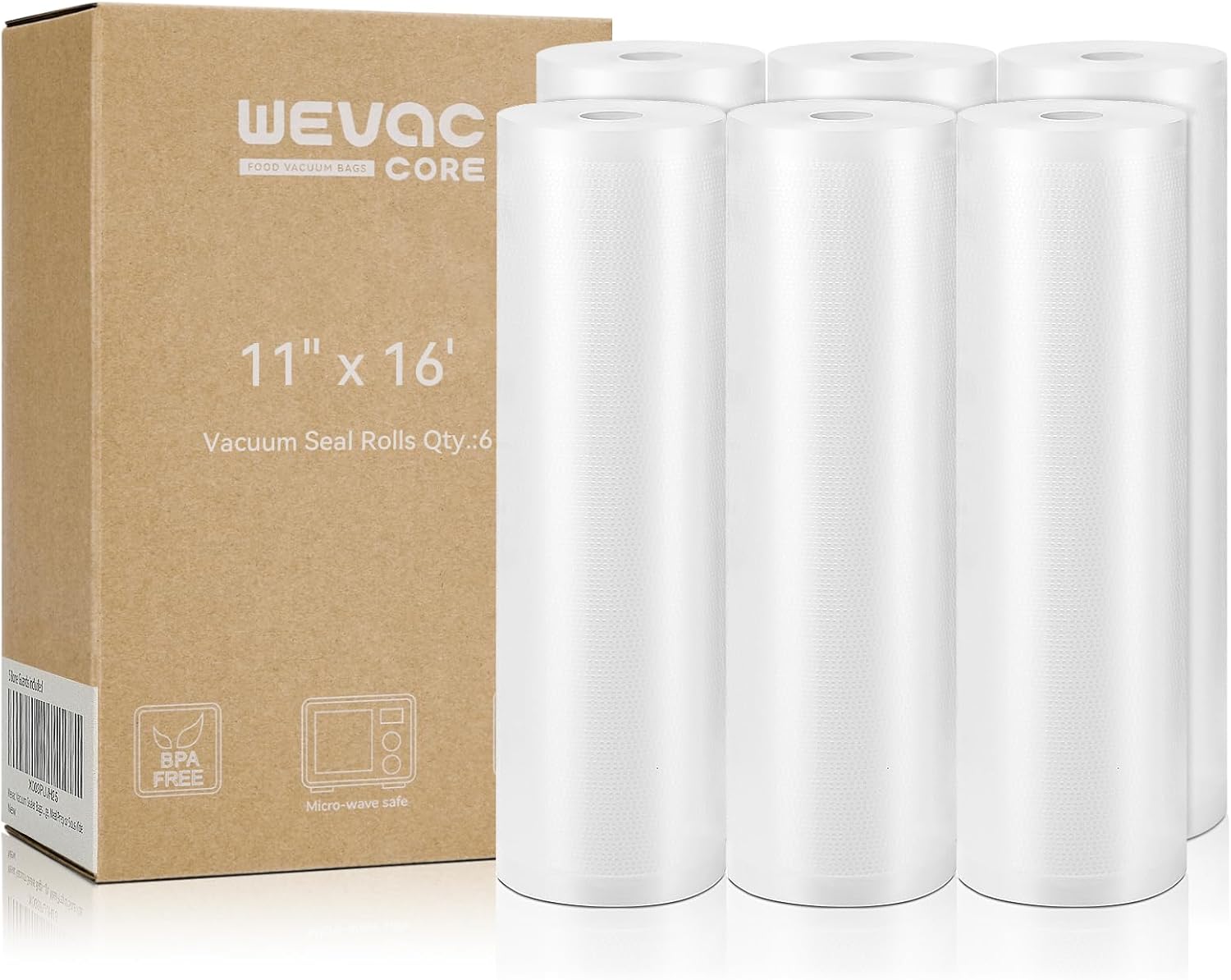 Wevac Vacuum Sealer Bags 11x16' Rolls 6 pack for Food Saver, Seal a Meal, Weston. Commercial Grade, BPA Free, Heavy Duty, Great for vac storage, Meal Prep or Sous Vide