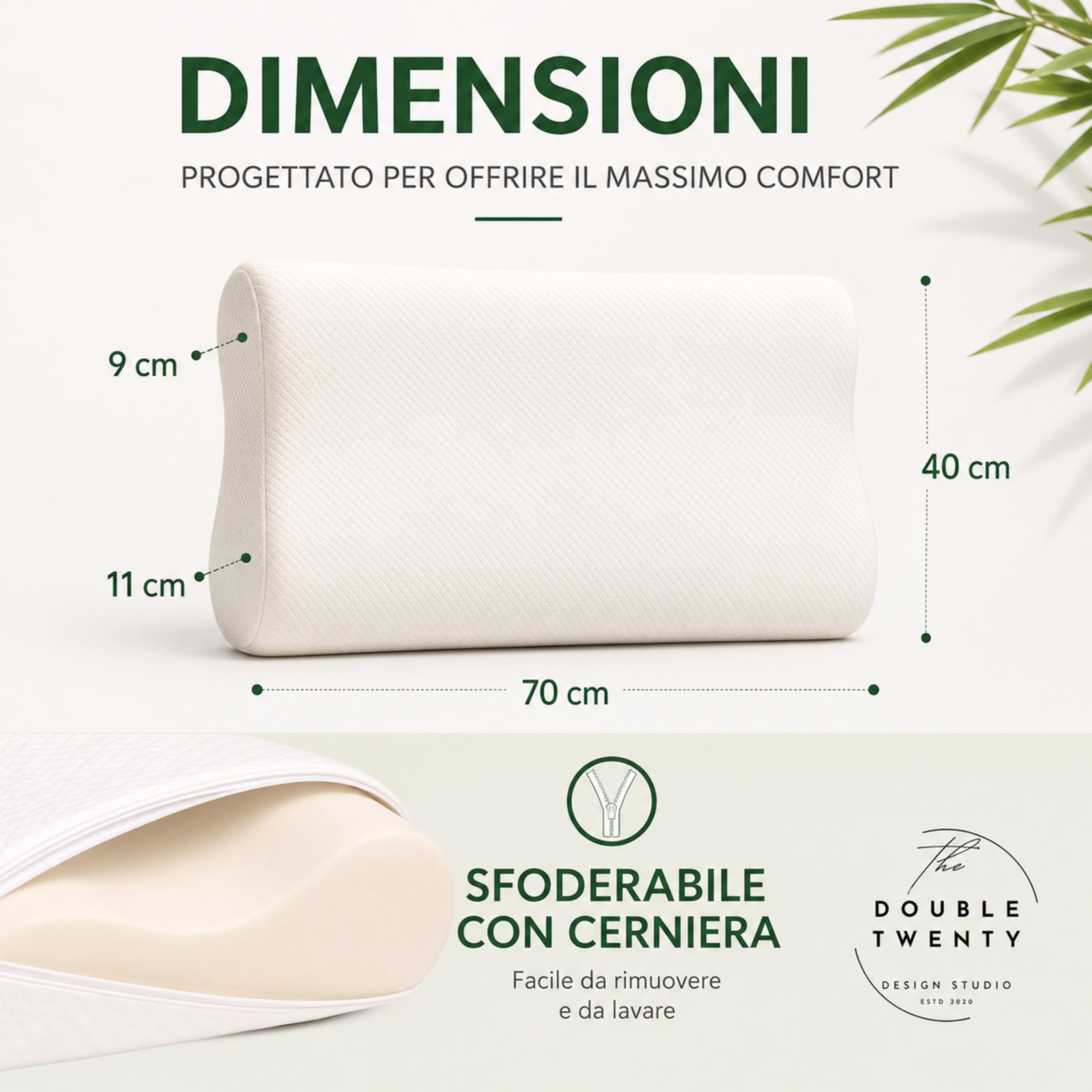 The Double Twenty Cuscino Cervicale per Dormire a Doppia Onda Elevato Supporto Collo - Guanciale Memory Foam Federa Lavabile in Aloe Vera - Cuscino Memory Foam Made in Italy Certificato Oeko Tex
