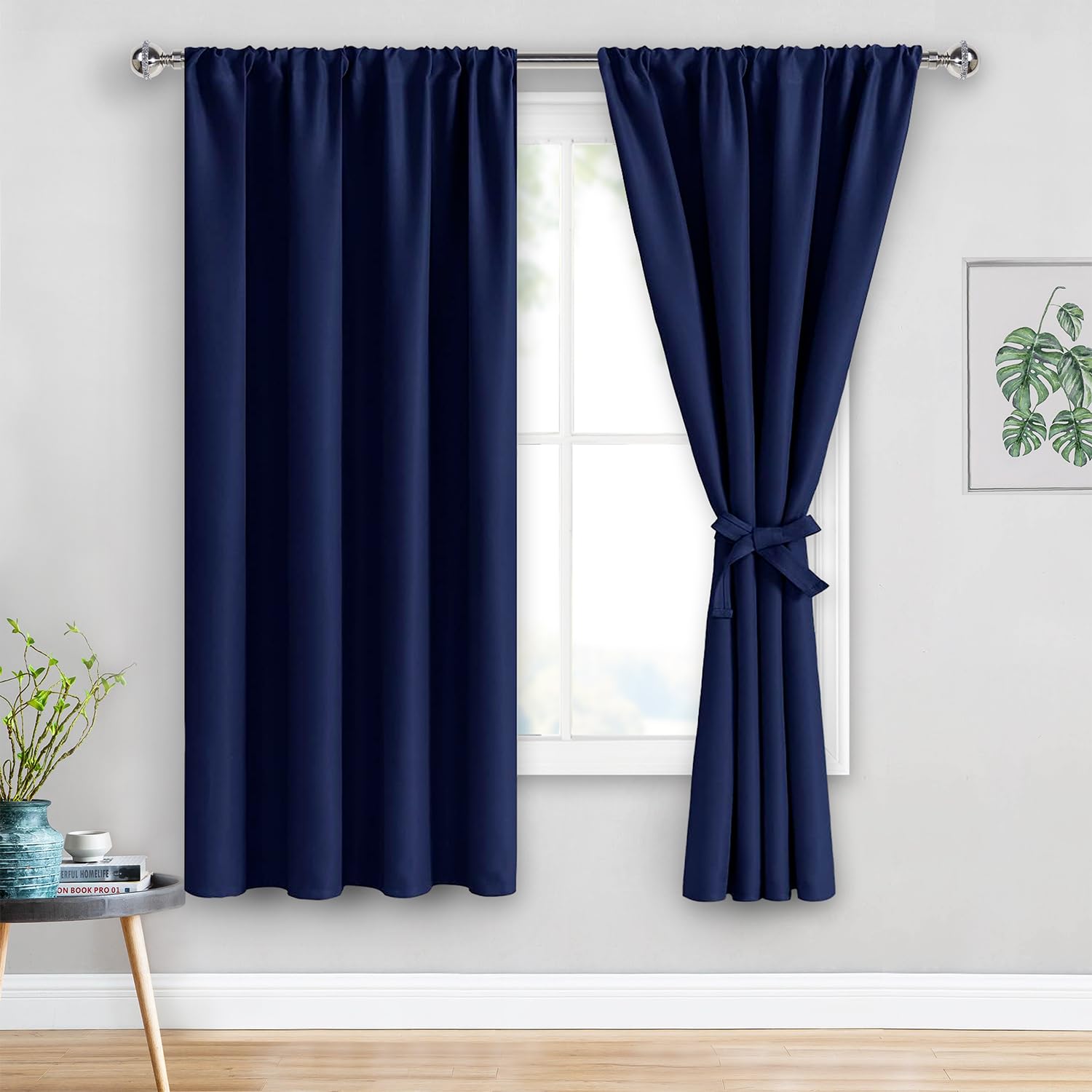 JIUZHEN Blackout Curtains for Bedroom– Thermal Insulated,Noise Reducing Room Darkening Drapes for Living Room, Rod Pocket Curtains with Tiebacks, Set of 2 Panels, 42 x 63 Inch Length, Navy BlueRecycled Claim Standard Blended