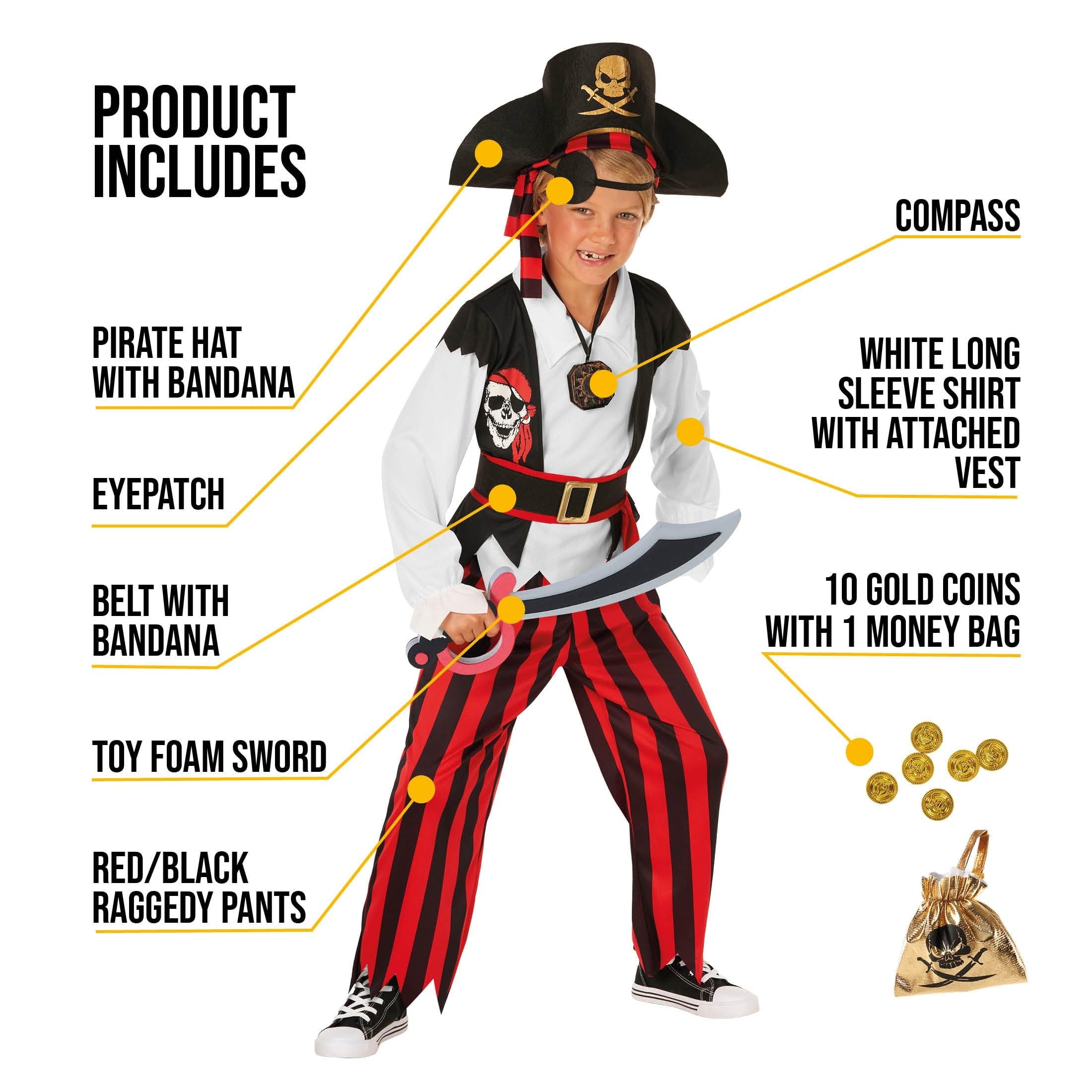 Morph Disfraz Pirata Niño Rojo, Capitán Pirata con Accesorios, Disfraces para Carnaval y Halloween