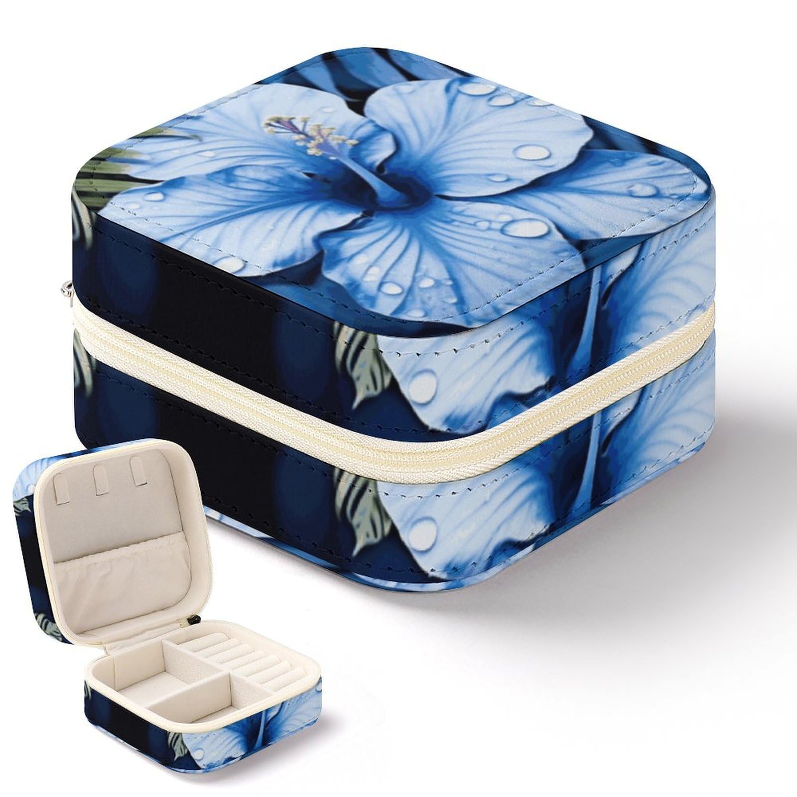 Boîte à bijoux pour femme en cuir synthétique portable motif fleur bleue