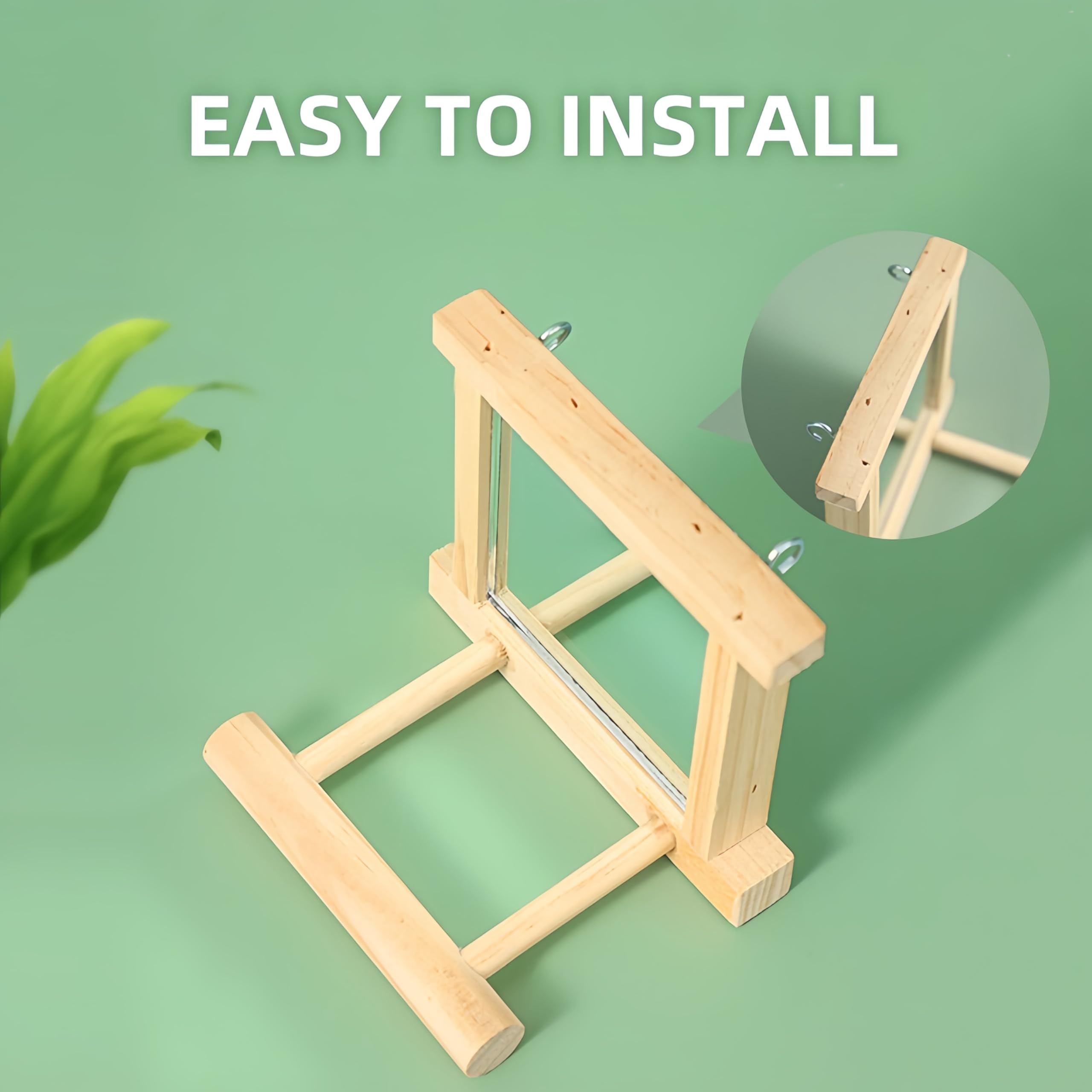 HANZE Soporte para pájaros de madera natural con espejo, columpio de colibrí, perca y accesorio de juego, paquete de 2