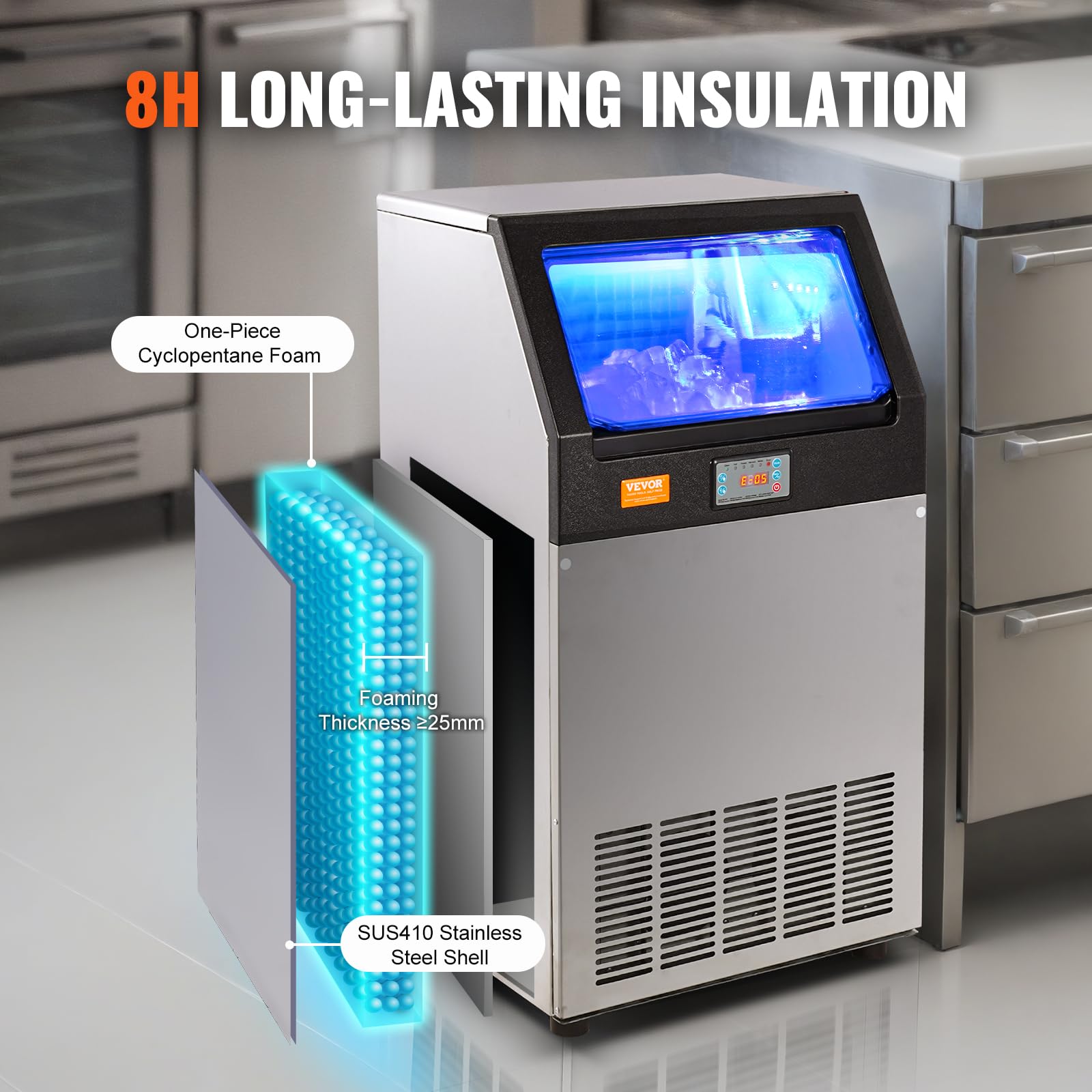 VEVOR Kommerzieller Eisbereiter 45 kg/24 h Eiswürfelmaschine 55 Eiswürfel in 12–15 Minuten Freistehender Schrank-Eisbereiter 15 kg Speicherkapazität LED-Digitalanzeige Silber