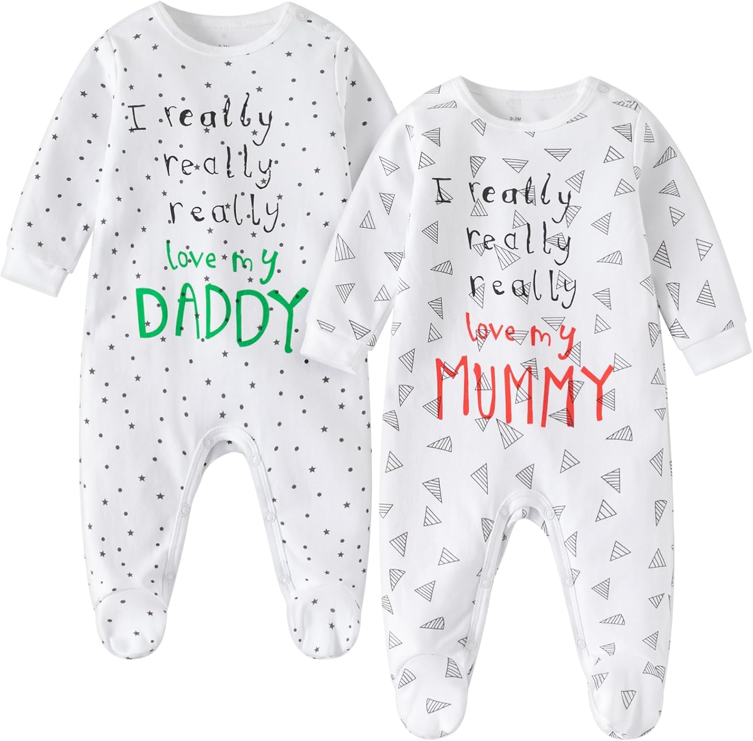 Unisex Baby Footie Pajama, Pack of 2 I Love Daddy and Mummy Print Long Sleeve Footie Sleepwear Unisex Baby Footie Pajama, Pack of 2 I Love Daddy and Mummy Print Long Sleeve Footie Sleepwear
