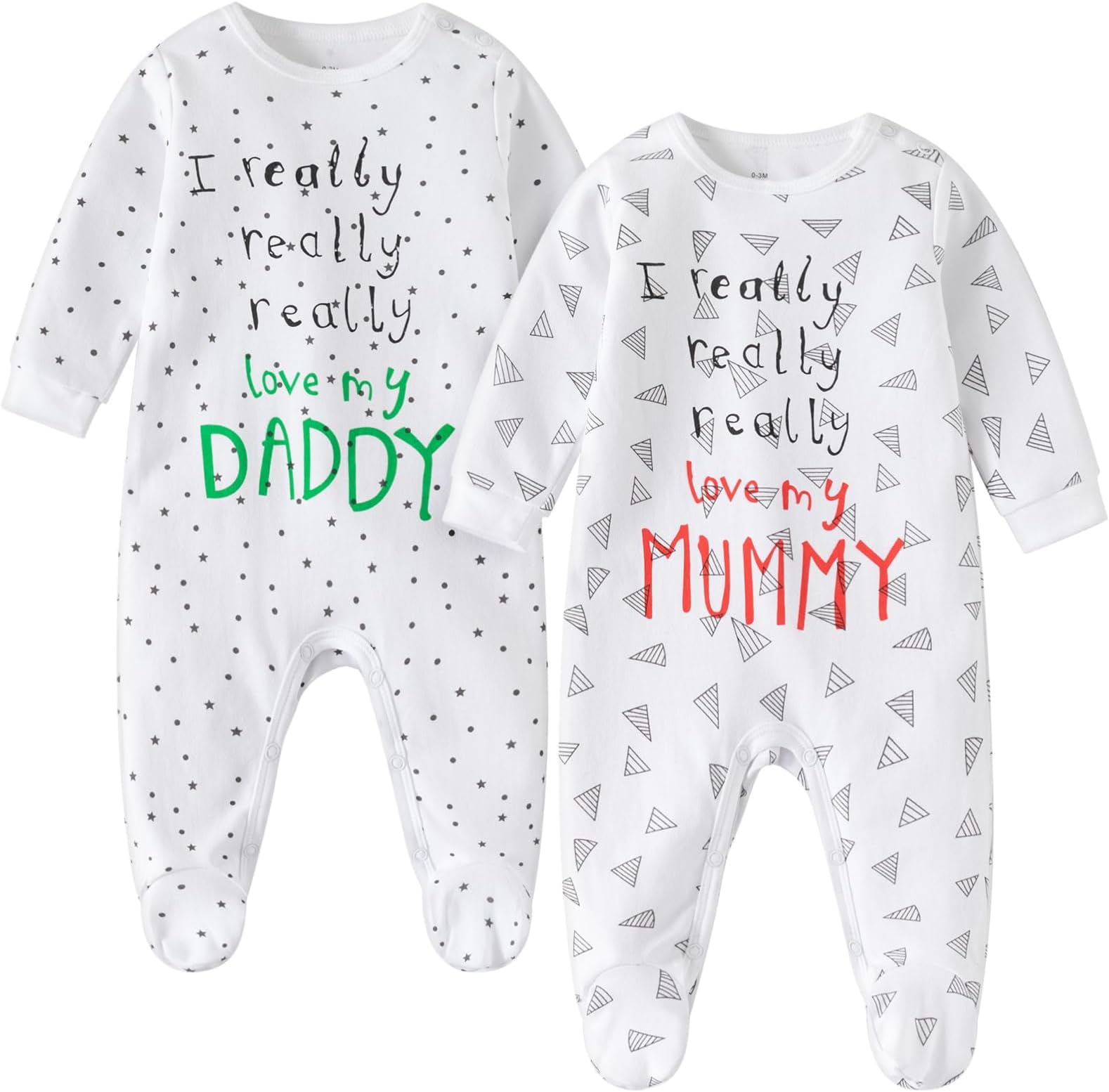 AOMOMO2-Pack Twins Bodysuit I Love Daddy Mummy Romper Set, Newborn Clothes Cotton Footed Pajamas