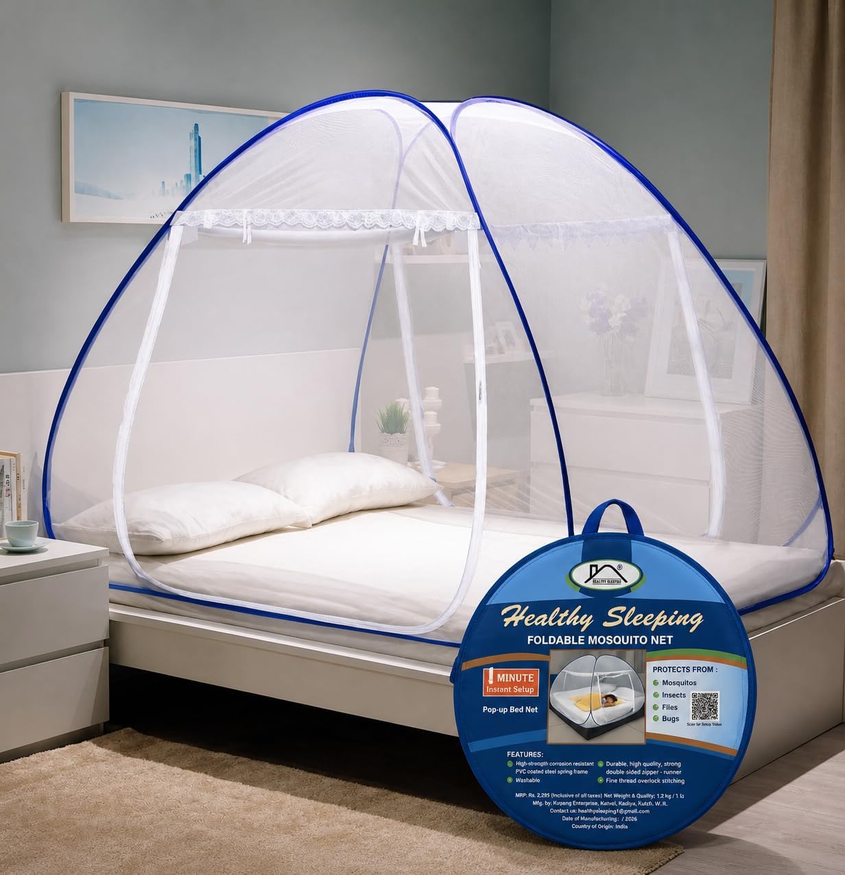 - Healthy Sleeping Foldable Polyester Double Bed Mosquito Net (White)