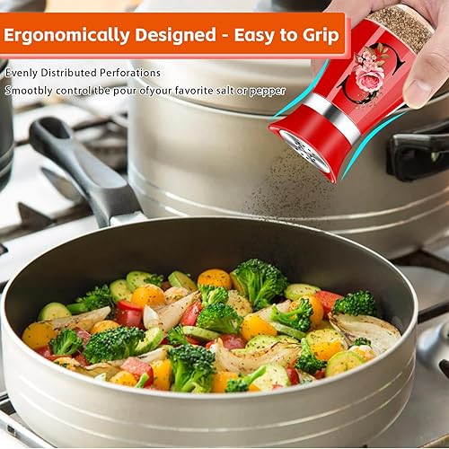 Miniatura 5 de Juego de saleros y pimenteros, accesorios de cocina rojos de 4 onzas, dispensador de especias de acero inoxidable y vidrio, diseño clásico, diseño