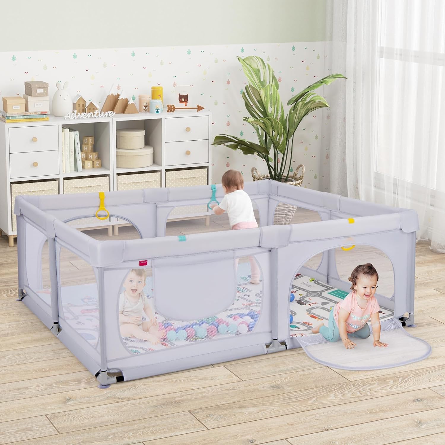 FANTASK Parque infantil plegable con colchón, 189 x 158 cm, con 50 pelotas de juego y 4 asas (gris claro)