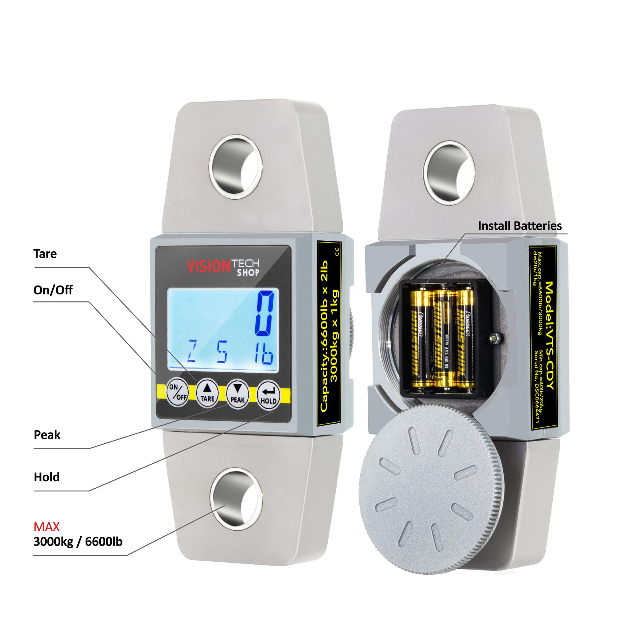 VisionTechShop VTS-CDY - Bilancia per gru, dinamometro per forza, tensione e peso, commutabile fino a 3000 kg Lb/kg, resistente e compatta, display LCD con retroilluminazione, 2 grilli