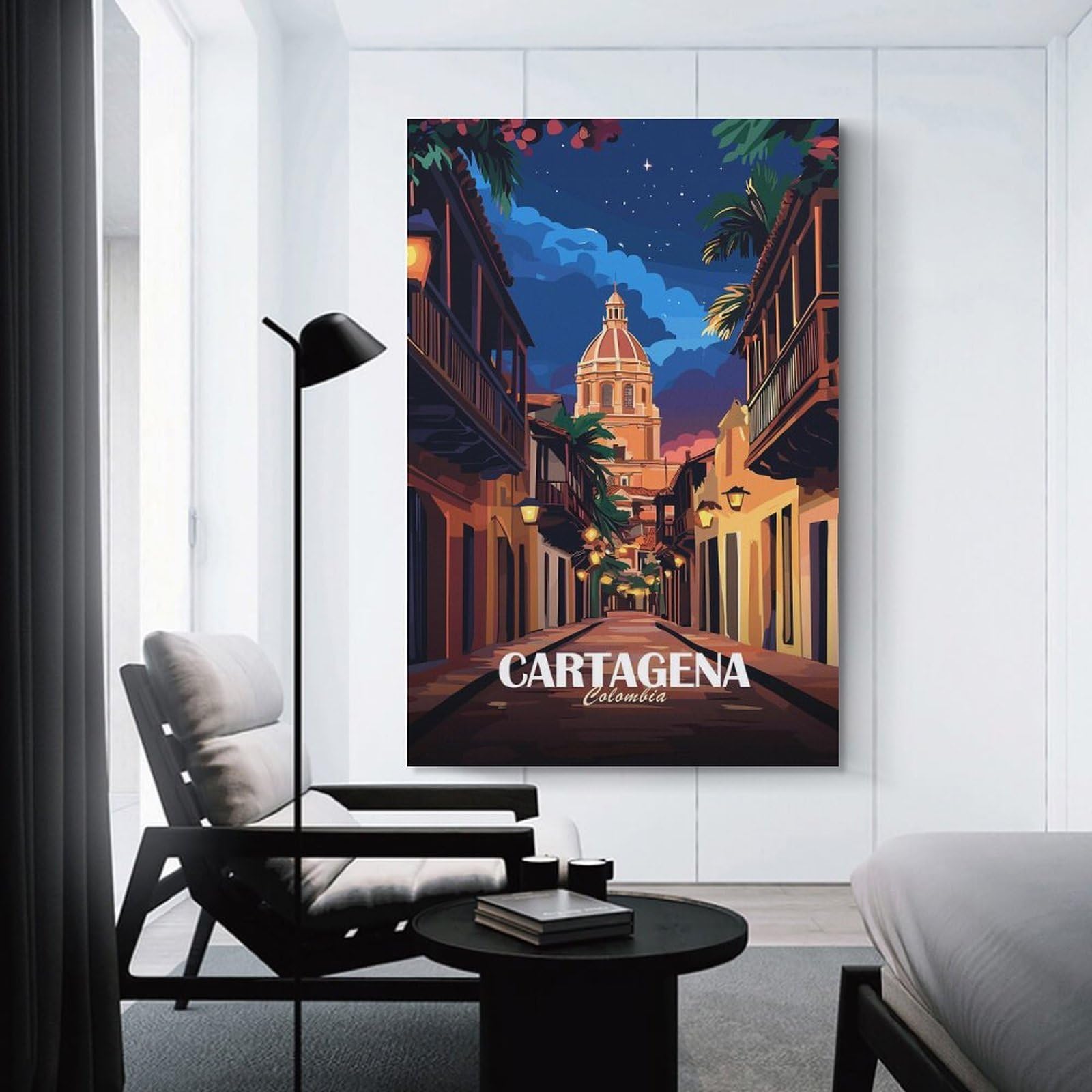 Junmoney Cartagena, Colombia Street at Night Canvas Wall Decor 24x36inch(60x90cm), for Corridors, Hallways Or Apartment Entries, A Stylish Accent for Home Entrances