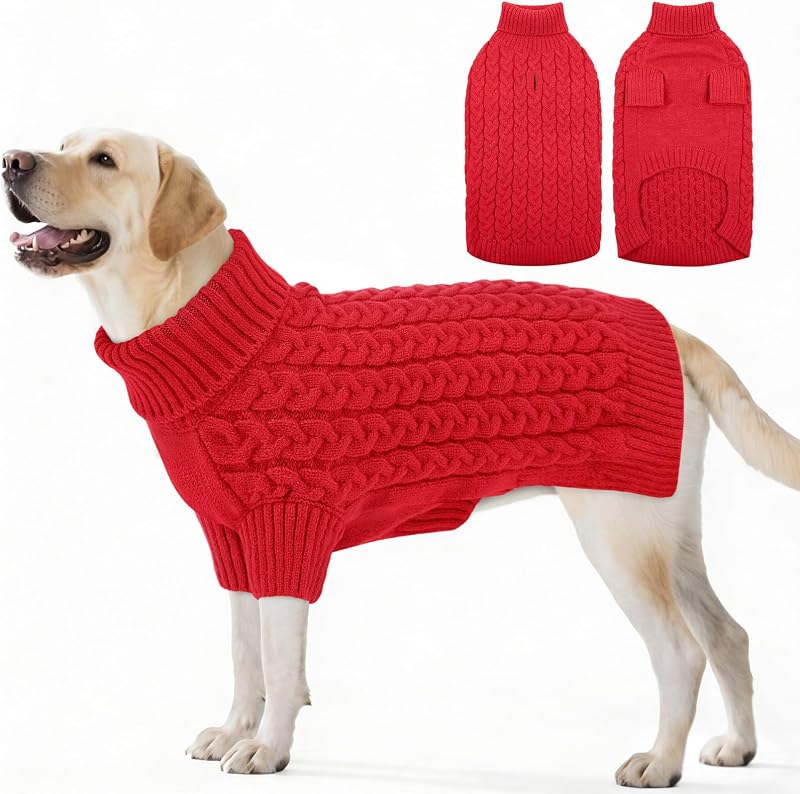 Suéter de tricô para cães ASENKU com gola alta e abertura para guia, vermelho, 2XL