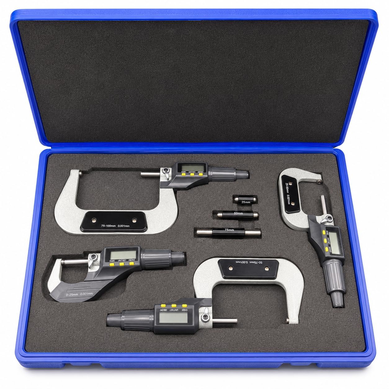 Juego de micrómetros digitales, herramienta de medición de 0 a 100 mm, 4 piezas de acero inoxidable y plástico, medición precisa con precisión de 0,001 mm para mecánica y proyectos de bricolaje