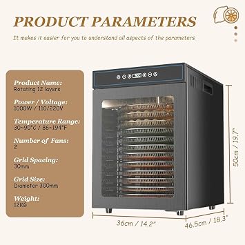 Food Dryer with 12 Trays, Stainless Steel Drying Machine for Fruit, Meat and Vegetables, 24-Hour Adjustable Digital Timer