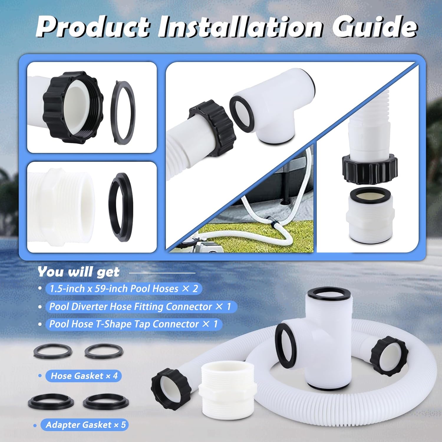 1.5" Pool Pump Hose & Adapter Connector Compatible with Intex Pump Sand Filters & Saltwater Systems, 29060E Pool Hose Fit for Coleman Above Ground Pools Parts 59" Long