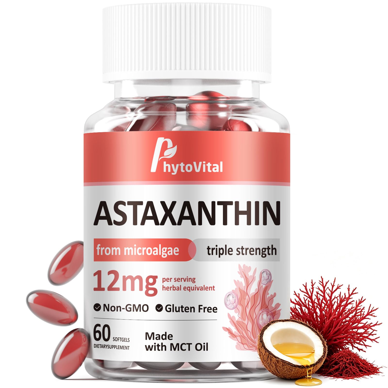 Astaxanthin 12mg with MCT Oil, 60 Softgels (2-Month Supply) – Triple Strength Antioxidant Supplement from Haematococcus Pluvialis – Non-GMO, Gluten-Free, Vegan 60 Count (Pack of 1)