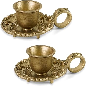 NIKKY HOME Vintage Gold Taper Candle Holders Set of 2, Handle & Tray | Antique Metal Candlestick Stand with Finger Loop, Short Candle Stick Base for Table Centerpieces, Wedding, Mantel Decor