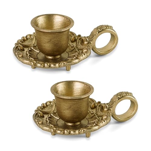 NIKKY HOME Vintage Gold Taper Candle Holders Set of 2, Handle & Drip Tray | Small Metal Candlestick, Embossed Ornamentation, Old‑Fashioned Accent for Table Centerpieces, Weddings & Housewarming Display
