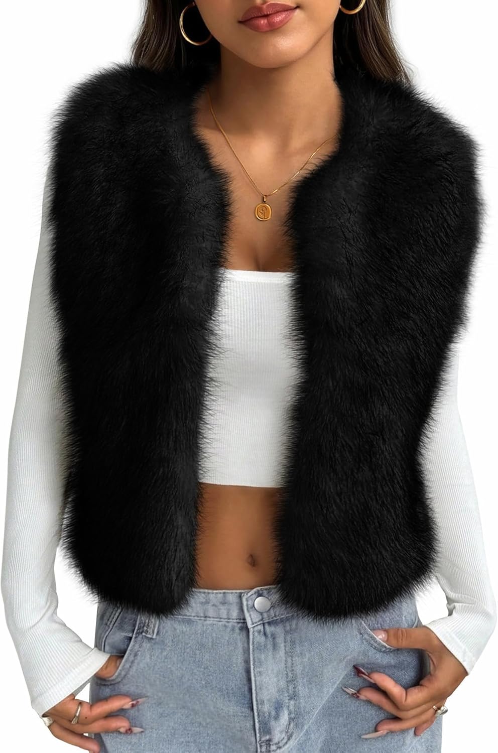 BTFBM Faux Fur Vest For Women 2025 Trendy Fall Sleeveless Cropped Fuzzy Jacket Fluffy Winter Coats Furry Vests Outerwear