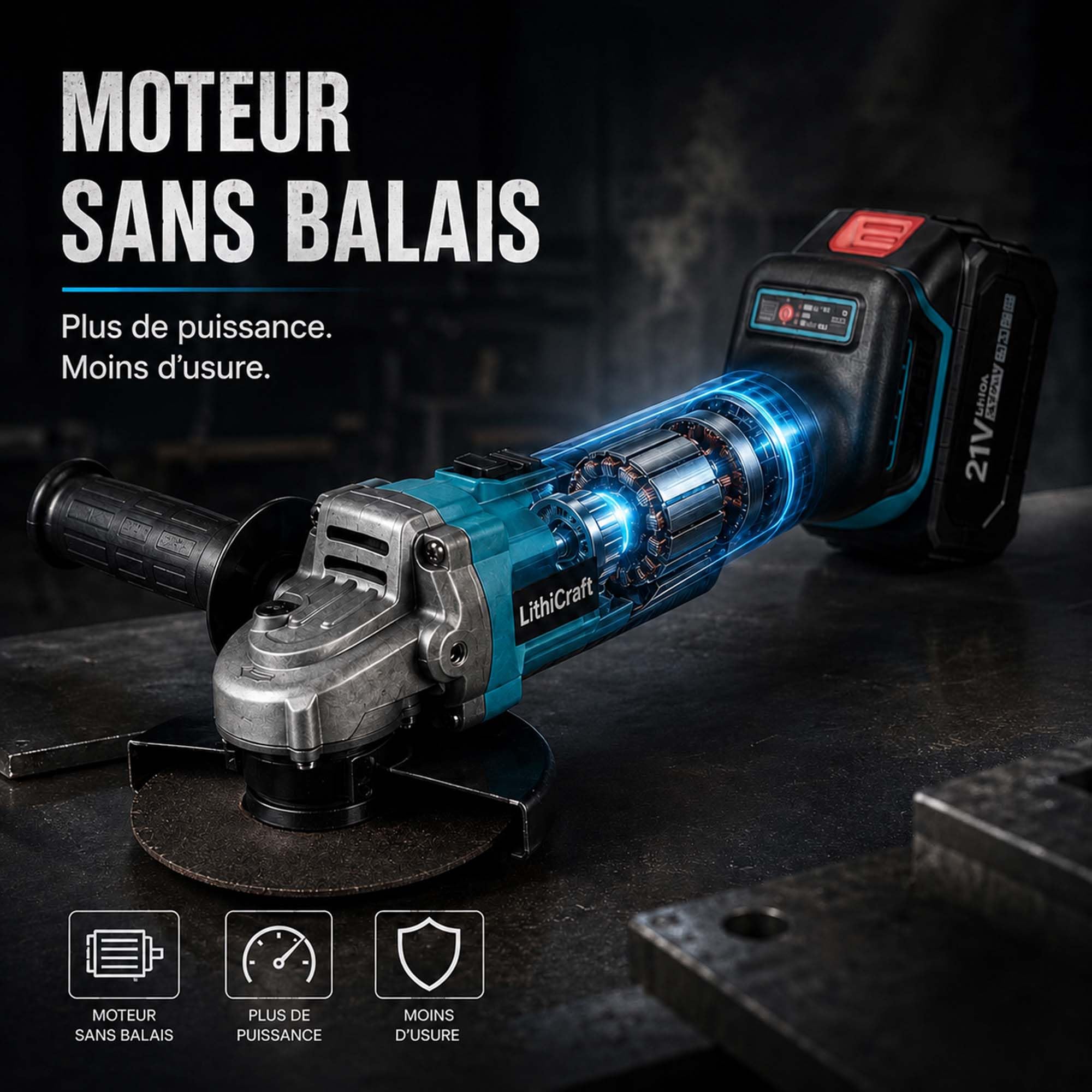Meuleuse d’angle sans fil 125 mm, meuleuse brushless 10000 tr/min avec 2 batteries 4,0 Ah et chargeur, pour métal, pierre et carrelage, avec coffret