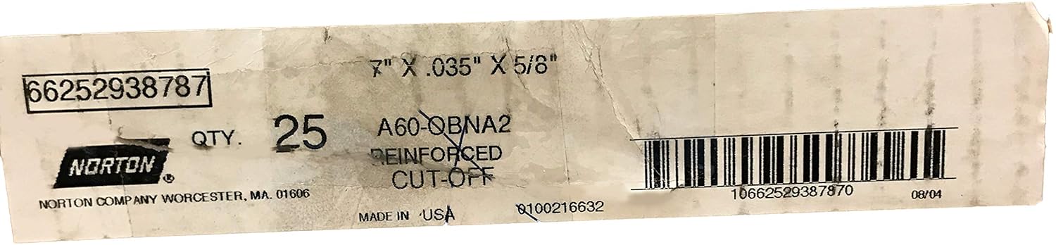Norton 7 Inch Cut Off Wheel, Type T-1, Reinforced Sides, 0.035 Inch Thick, 5/8 Arbor Size, 60 Grit, I Hardness, Aluminum Oxide Abrasive