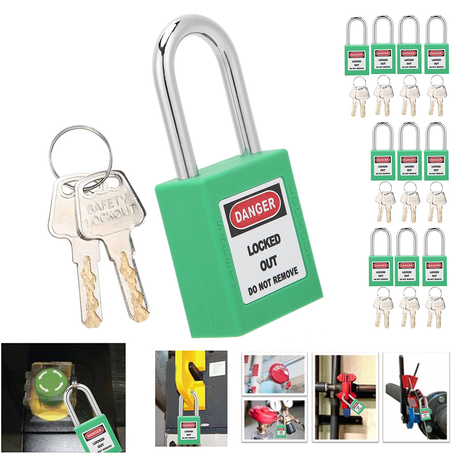 Lockout Tagout Schloss, 10er-Set 38 mm Lockout-Schloss Lockout Vorhängeschloss Gleichschließend Nylon-Sicherheitsvorhängeschloss mit 20 Schlüsseln (GREEN)