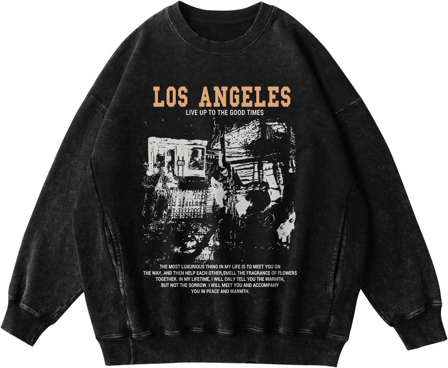 Mens Oversized Crewneck Sweatshirt Vintage Los Angeles Graphic Washed Sweatshirts with Pockets Streetwear Pullover - Image 4