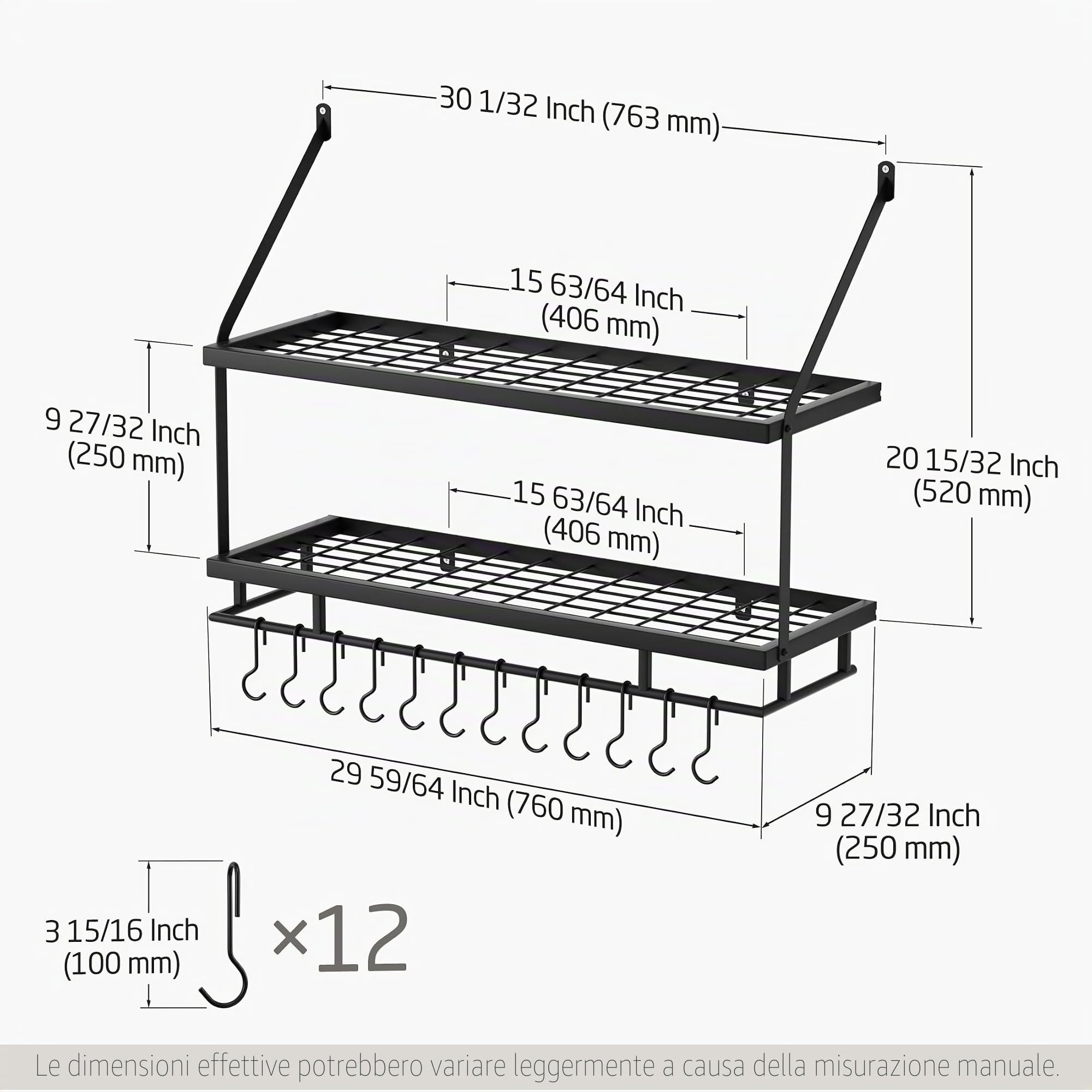 KES Porta Pentole da Cucina Rastrelliera 76CM Pentole Sospese per L'archiviazione e L'organizzazione Della Cucina Mensola per Pentole e Padelle con 12 Ganci Nero Opaco 2 Livelli, KUR215S75B-BK
