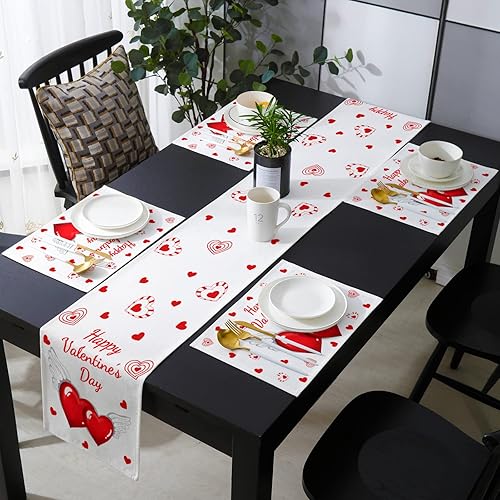 Mantel individual rojo de San Valentín con camino de mesa a juego juego de mesa de arpillera de algodón y lino 6 alfombrillas de lugar camino de 13