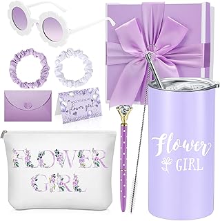 Sieral 9 Pcs Flower Girl Proposal Gifts Set Personalized Flower Girl Tumbler with Straw Bride Gift Box Canvas Bag Sunglasses Hair Ring Diamond Pen Envelope for Wedding(Purple,Retro)