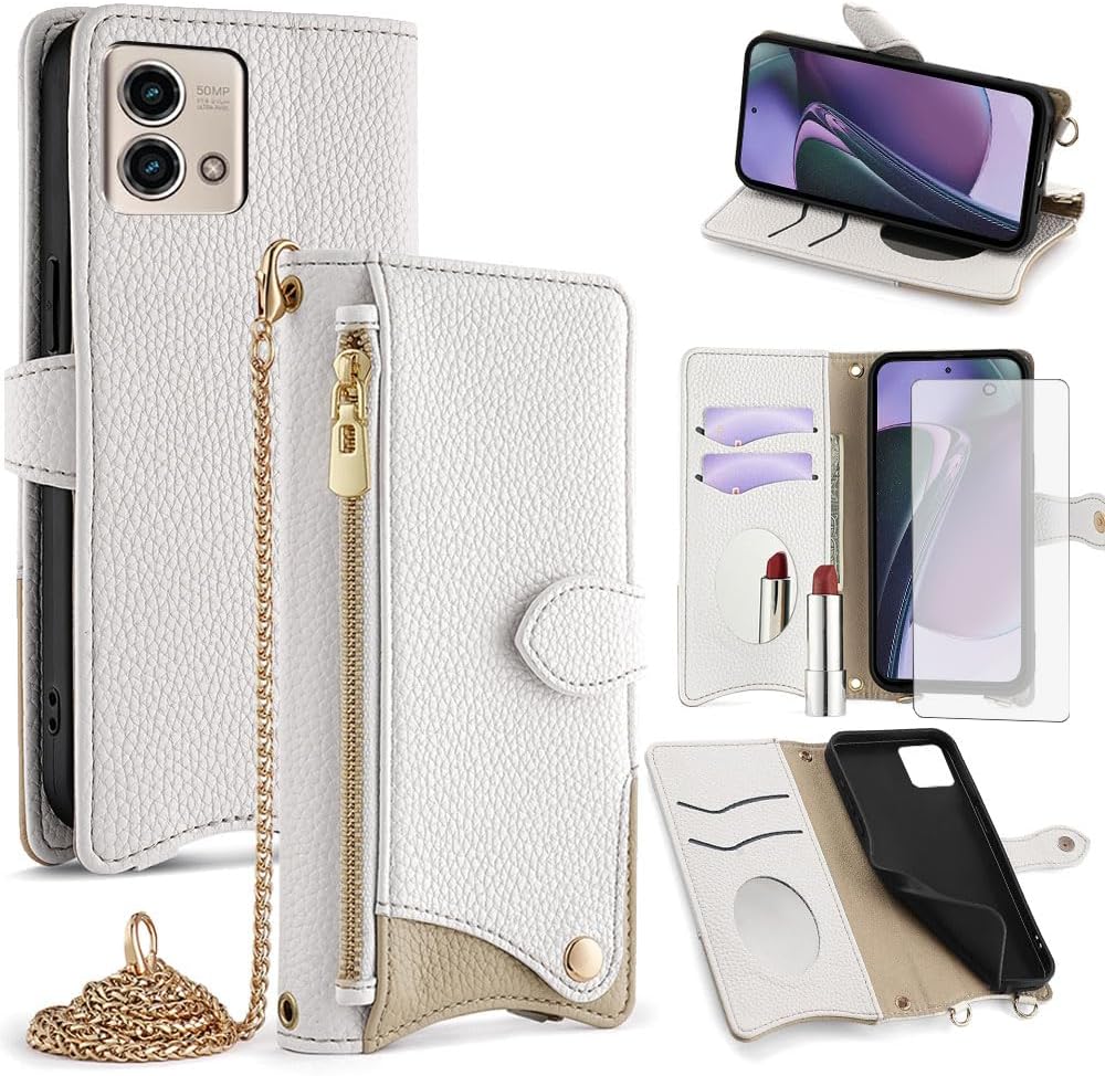 Asuwish Phone Case for Motorola Moto G Stylus 5G 2023 Wallet Cover with Tempered Glass Screen Protector and Mirror Flip Cover Card Holder Slot Stand Crossbody Strap Cell GStylus G5 XT2317DL White
