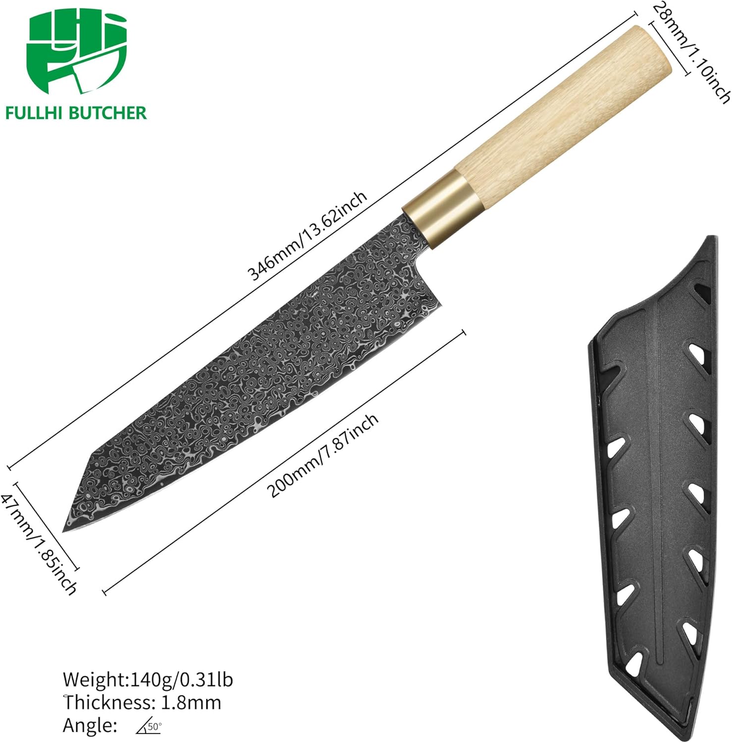 FULLHI Japanese Knife Black Damascus Steel with Sheath, handforged Blade Wood Handle Gyutou sashimi Chef Kitchen Knife with Box for man women gift 7.8inch image 2 of 9 B0DK52BQ5C