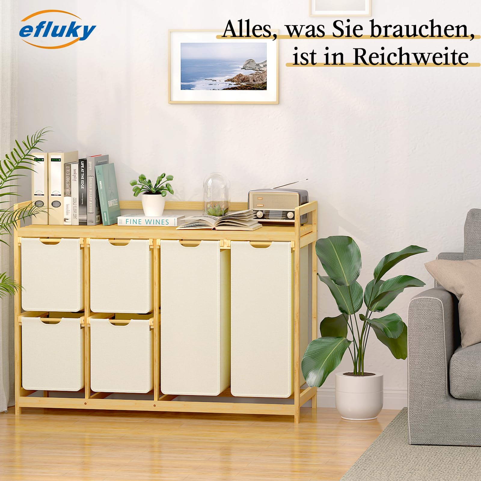 efluky 200L Wäschekorb 6 Fächer, Große Wäschesammler mit Korb Wäschesortierer mit 2 Wäschesäcken und 4 Stoffboxen, Laundry Basket Wäschebox Bambus Wäscheregal für Badezimmer, Schlafzimmer, Beige