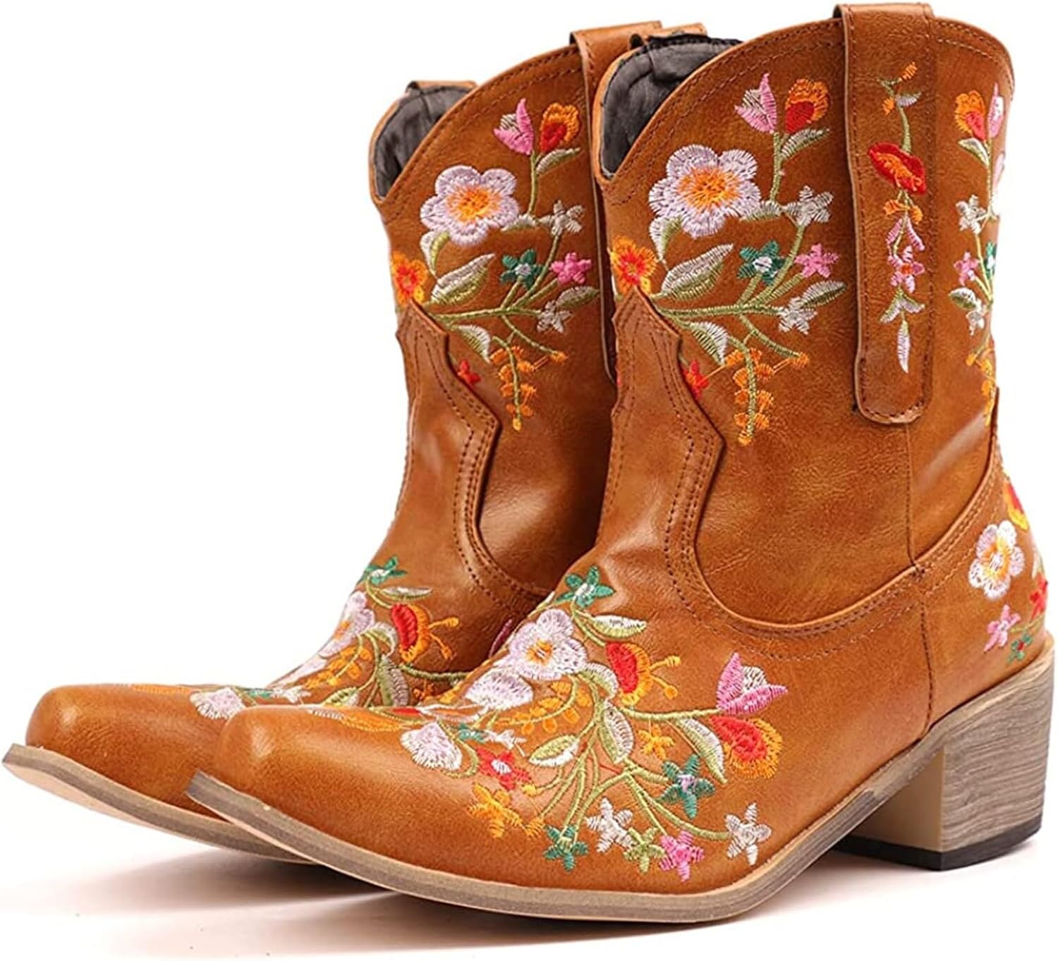 Handmade Flower Embroidered Cowgirl Ankle Boots, Faux Leather, Rubber Sole, Wide Calf, Pointed Toe