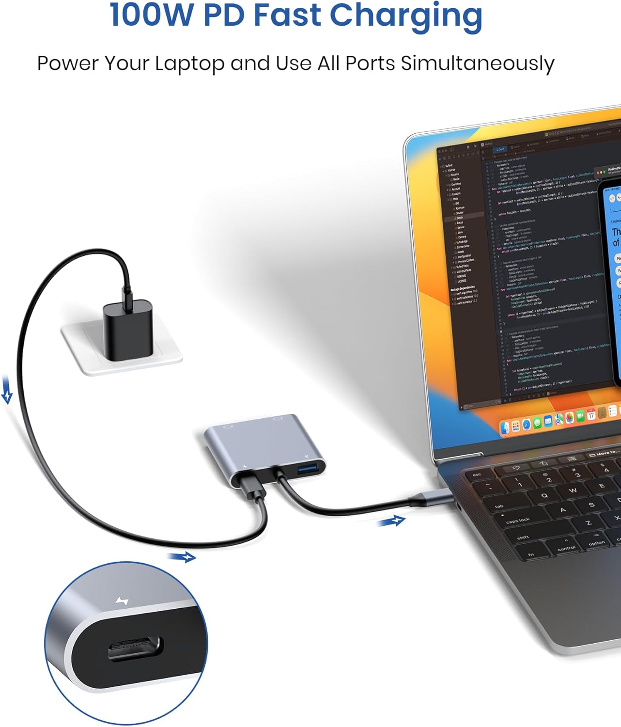 USB C to Dual HDMI Adapter, 4K@60Hz HDMI Splitter for Dual Monitors Extended Display, 100W PD Charging, USB-A Port, Windows Supports Multi-Monitor with 3 Screens, macOS Limited to Mirror Mode