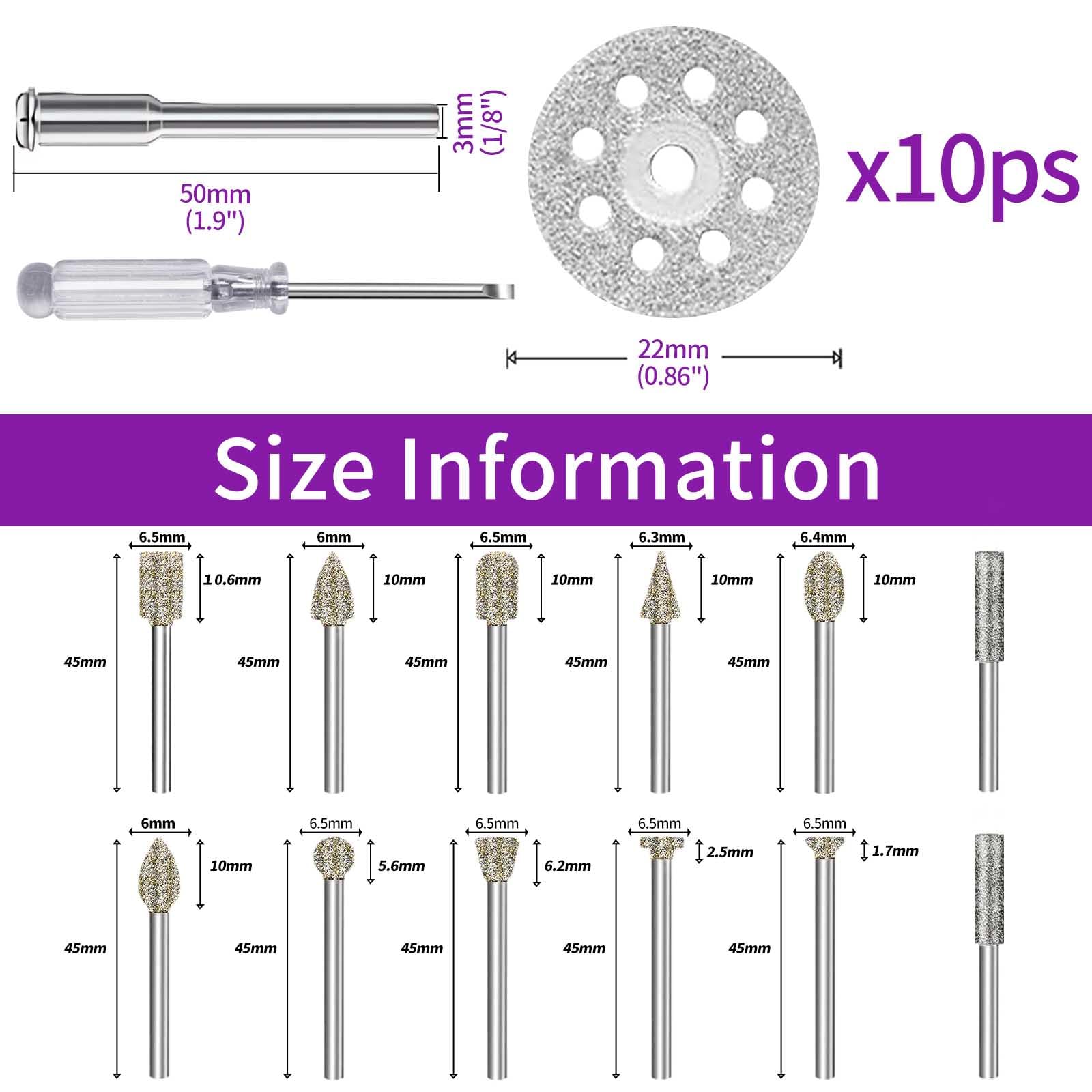 32 Pezzi Frese Diamantate Set con Custodia, Grana 60, con 10 dischi diamantati, set di punte da trapano con gambo da 1/8" (3 mm) per intaglio, lucidatura e taglio di pietra, vetro e ceramica