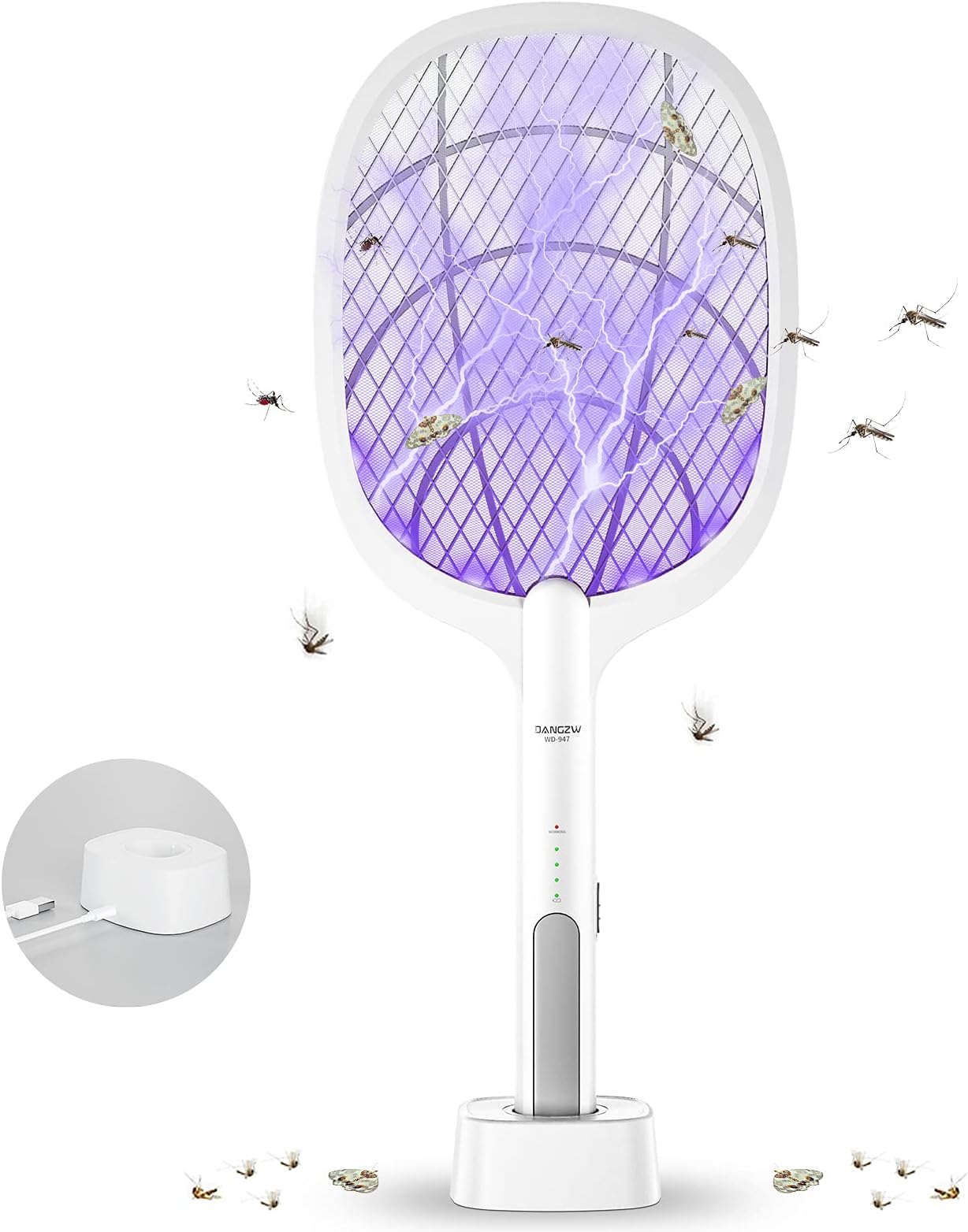 Electric Fly Swatter, 3500V USB Rechargeable Fly Killer Bug Zapper Racket with Charging Base, Home and Outdoor Mosquito Killer with LED Light for Mosquitoes, Flies, Bees, Moths (White)