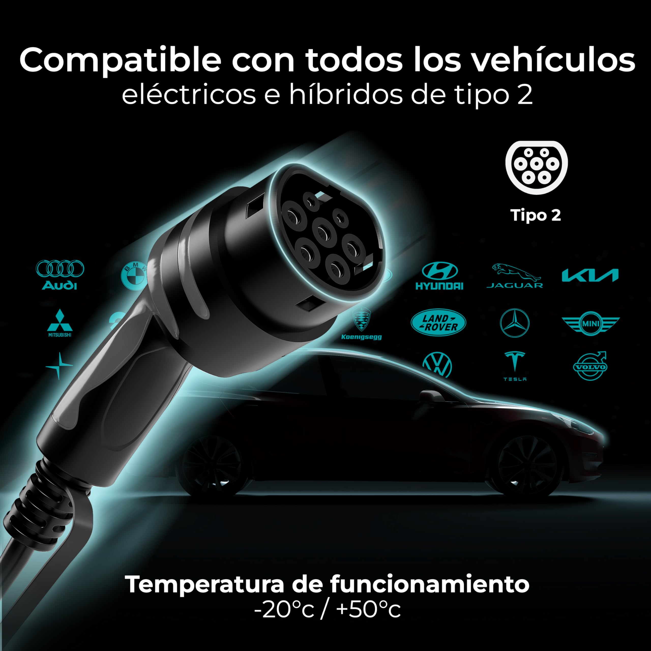 Masterplug Estación de Carga EV de Pared para Vehículos Eléctricos Tipo 2, Cargador Coche Eléctrico con Cable de 5m y Función de Fija Automático, Monofásico, Modo 3, RFID, IP65, 7.4kW, 32A, EVCM3BT7BR