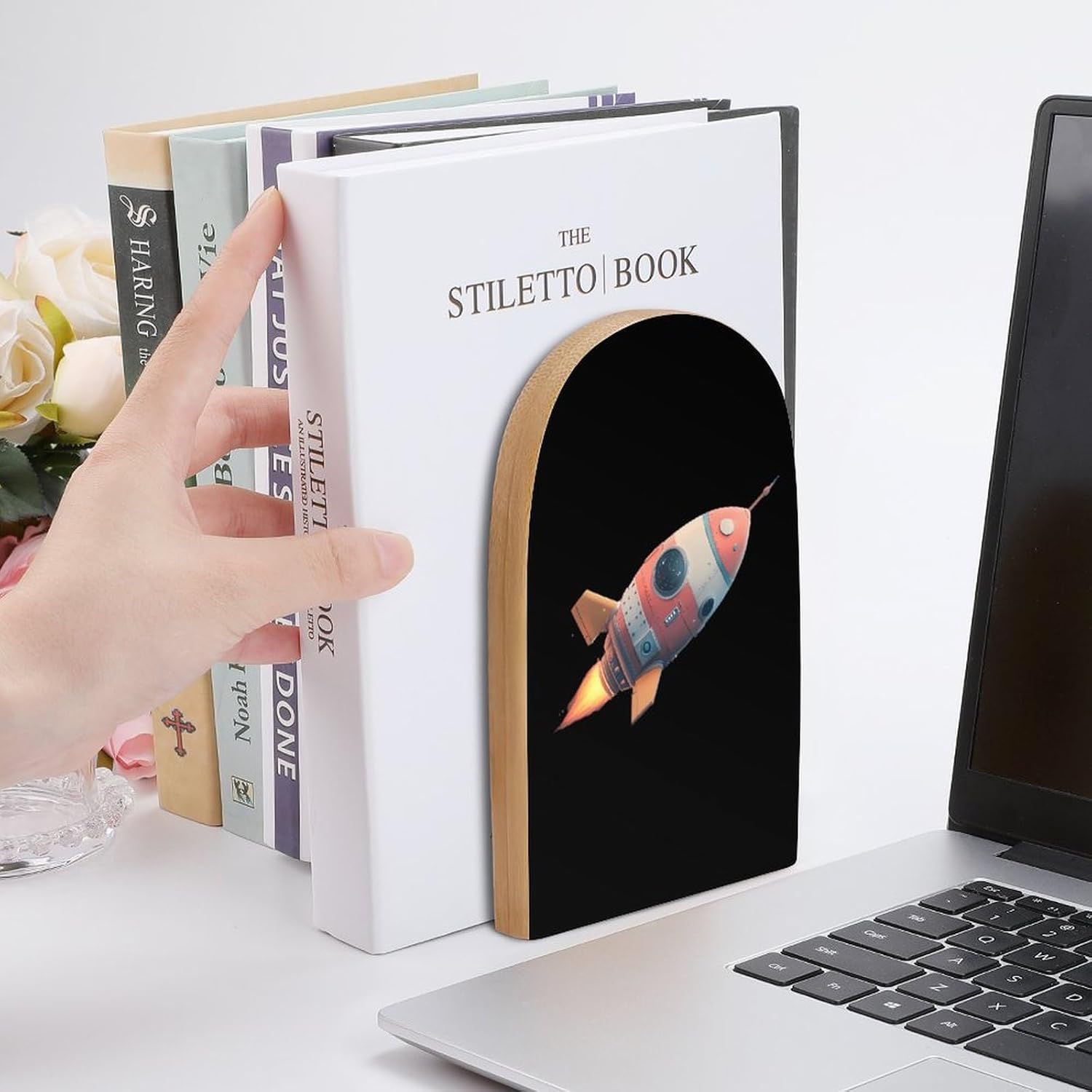 Spaceship Cute Wood Book Ends Decorative Bookends 1 Pair Non-Skid for Shelves Home Office 7 X 5 Inch