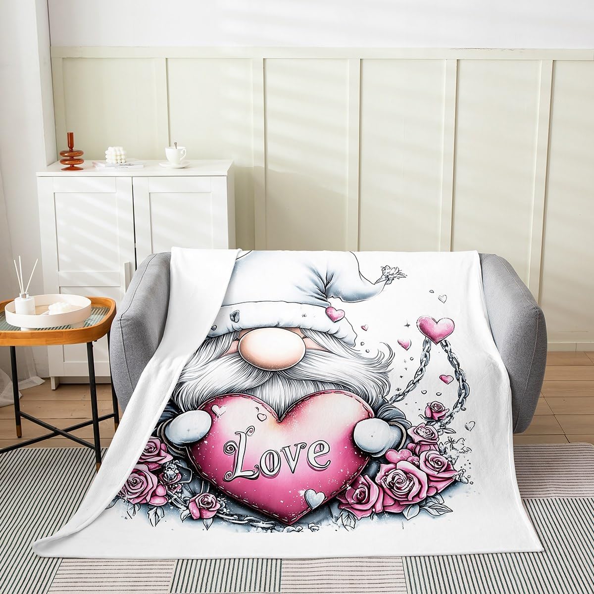 Erosebridal Gnome Fleece Throw Blanket Queen Inch Floral Dwarf Flannel Blanket for Boys Girls Heartn Flowers Rose Love Valentine Pink Grey Lightweight Microfiber Room Decor