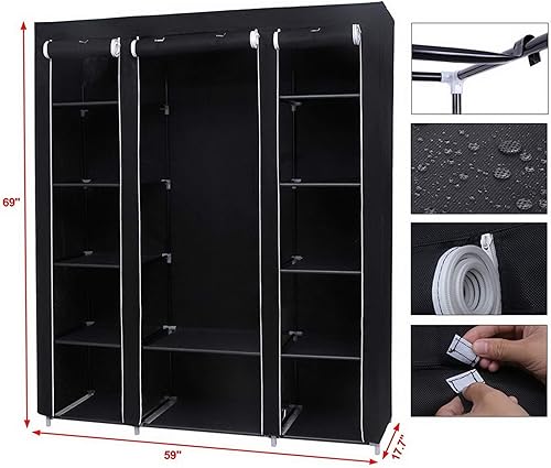 Vista 129 de 67" Portable Wardrobe Closet, Wardrobe Closet for Hanging Clothes with 2 Hanging Rods, 12 Clothes Storage Organizer Shelves, Non-Woven Fabric Grey