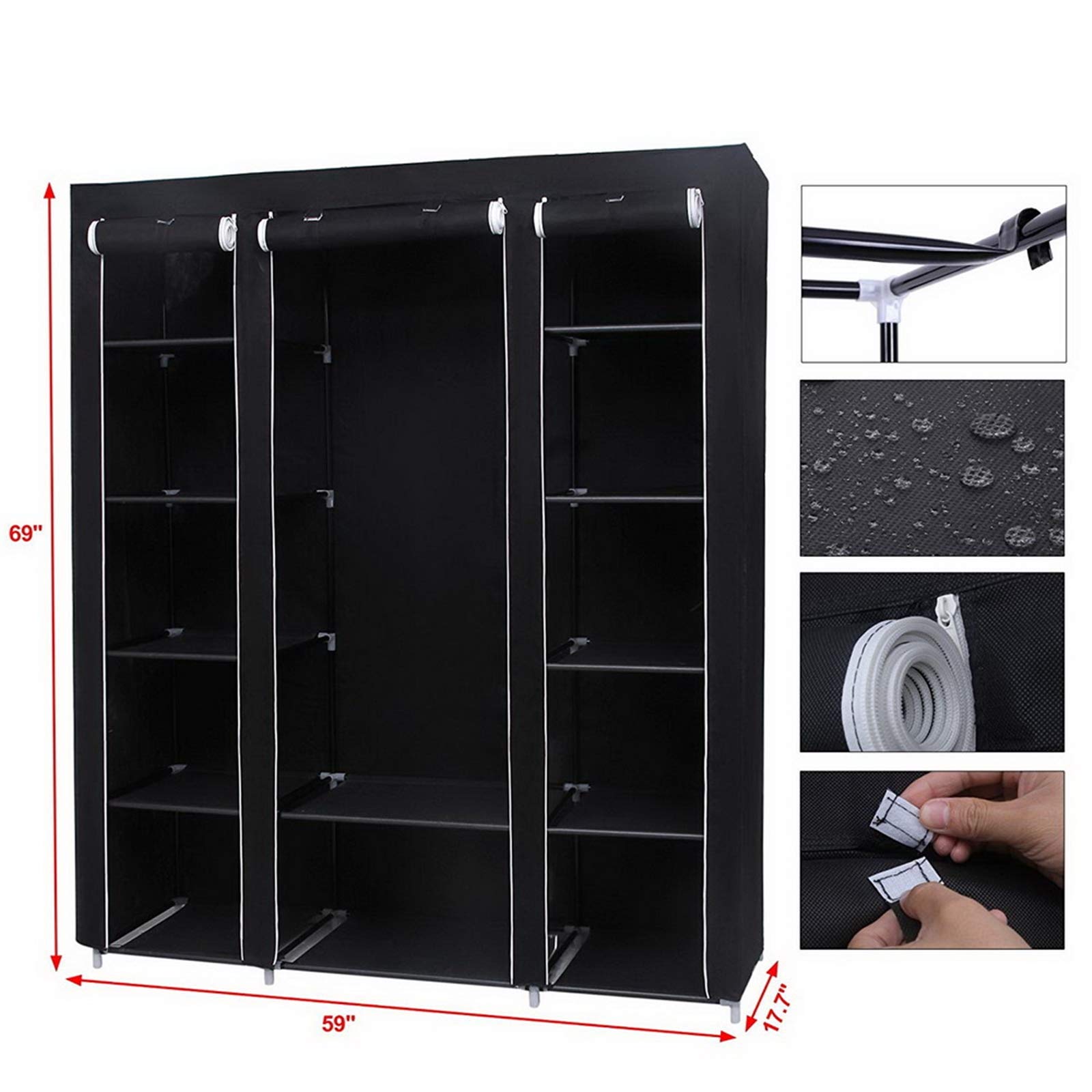 Armoire à vêtements portable durable penderie tissu non tissé noir