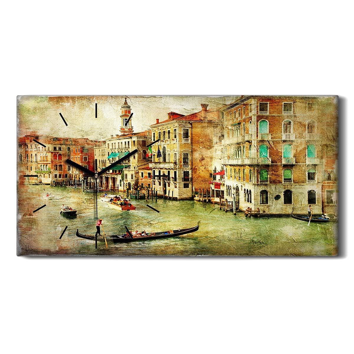 Horloge sur toile 60x30cm Venise Italie avec aiguilles noires de style moderne pour salon