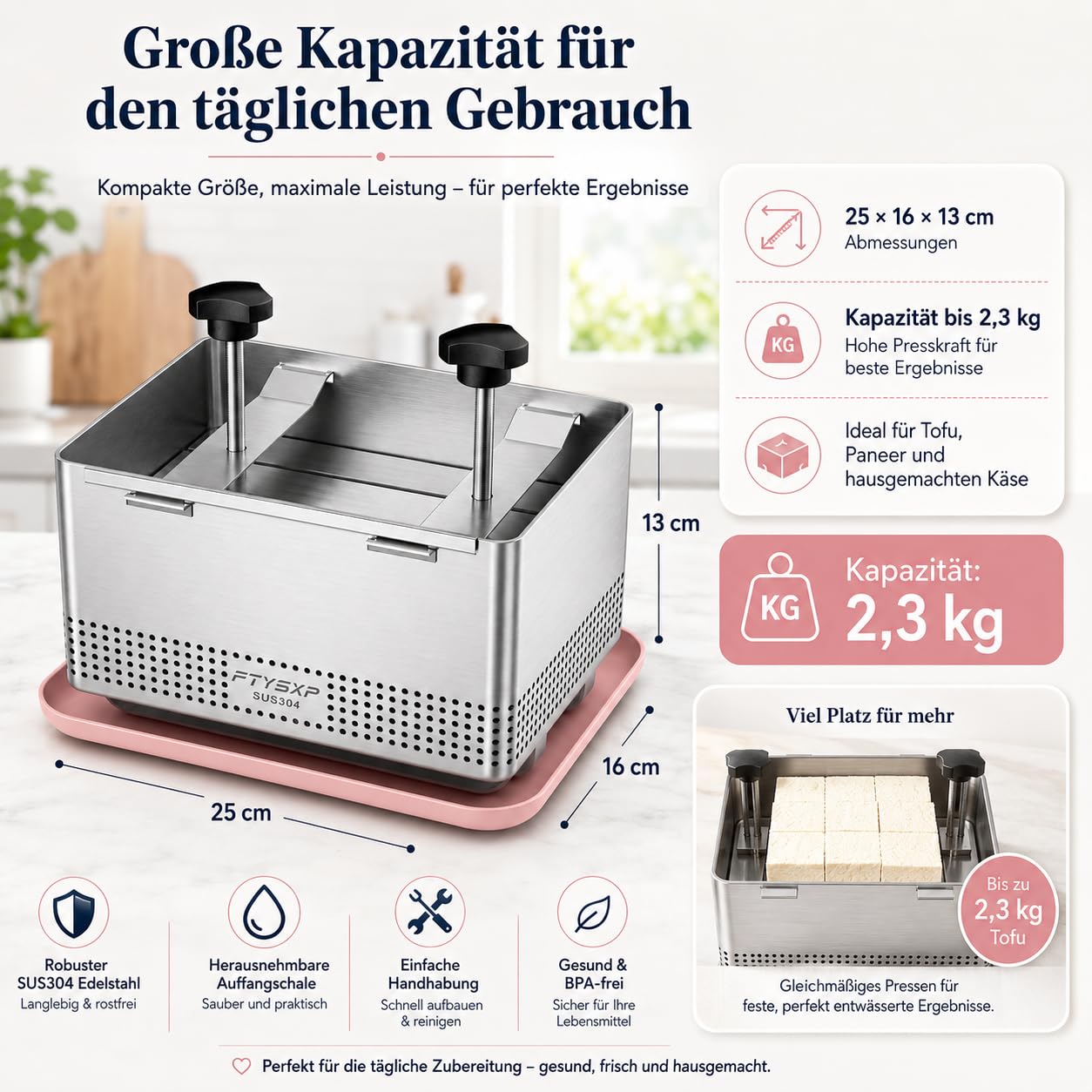Tofu Presse à Tofu en Acier Inoxydable 304 pour accélérer l'élimination de l'eau de la Soie en 10-30 Minutes pour Tofu Solide ou Extra Ferme sans Fissure sans BPA (25x16x13 cm)