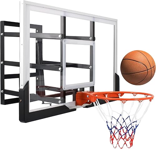 Belinova Tablero de baloncesto de montaje en pared de 54 pulgadas, altura ajustable para baloncesto y soporte de pared con llanta, soporte de pared