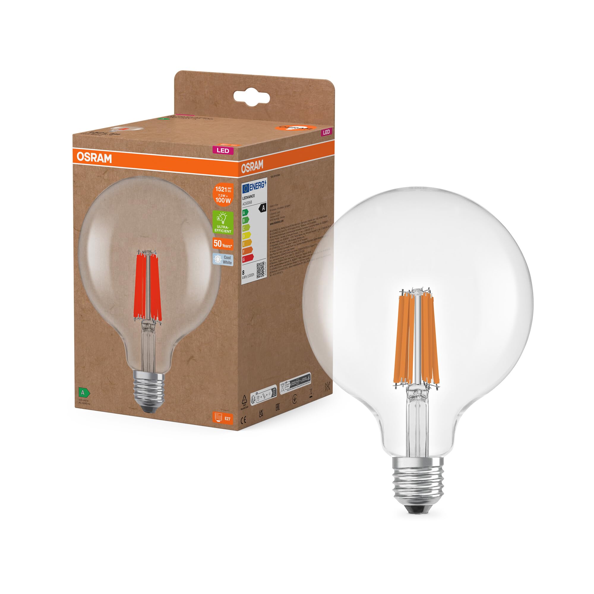 OSRAM dalla classica forma a globo, con filamento LED decorativo, classe di efficienza energetica A, E27, 2,2 W, 470 lm, 2700 K, bianco caldo. luce immediata al 100%. Sfarfallio basso.