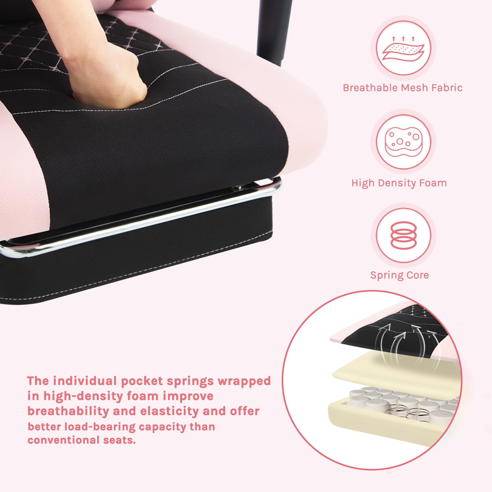 WOLTU Chaise Gaming, Chaise Bureau Massante, Fauteuil Ergonomique avec Coussin Lombaire Massant, Siège Large à Ressorts, Appui-tête, Repose-Pieds, Tissu Maille, Charge 150kg, Noir+Rose