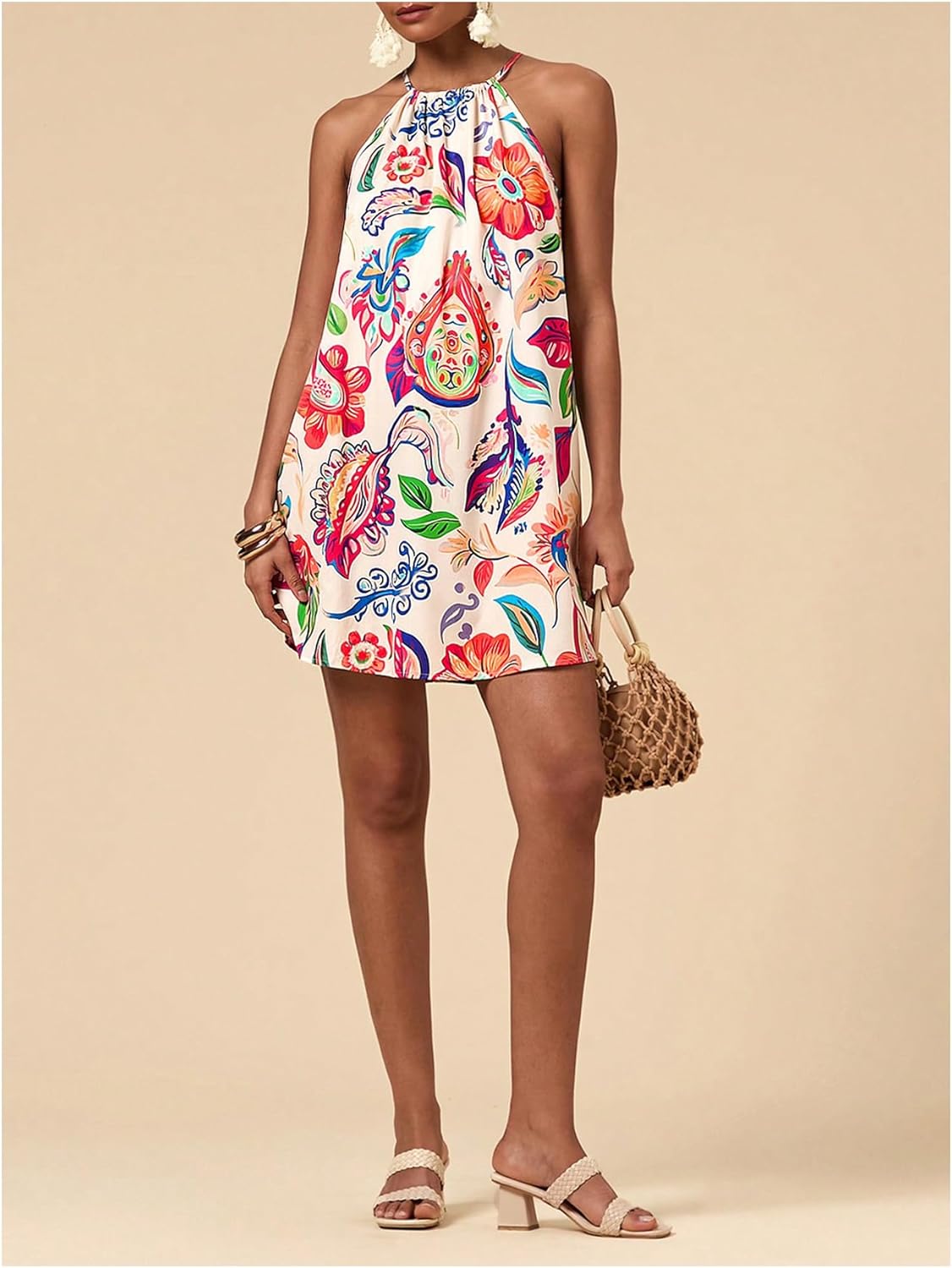 SweatyRocks Women's Tropical Print Halter Dresses Sleeveless Holiday Summer Mini Dress - Image 5