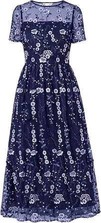 YUMI Womens Embroidered Mesh Midi Dress Mother of the Bride