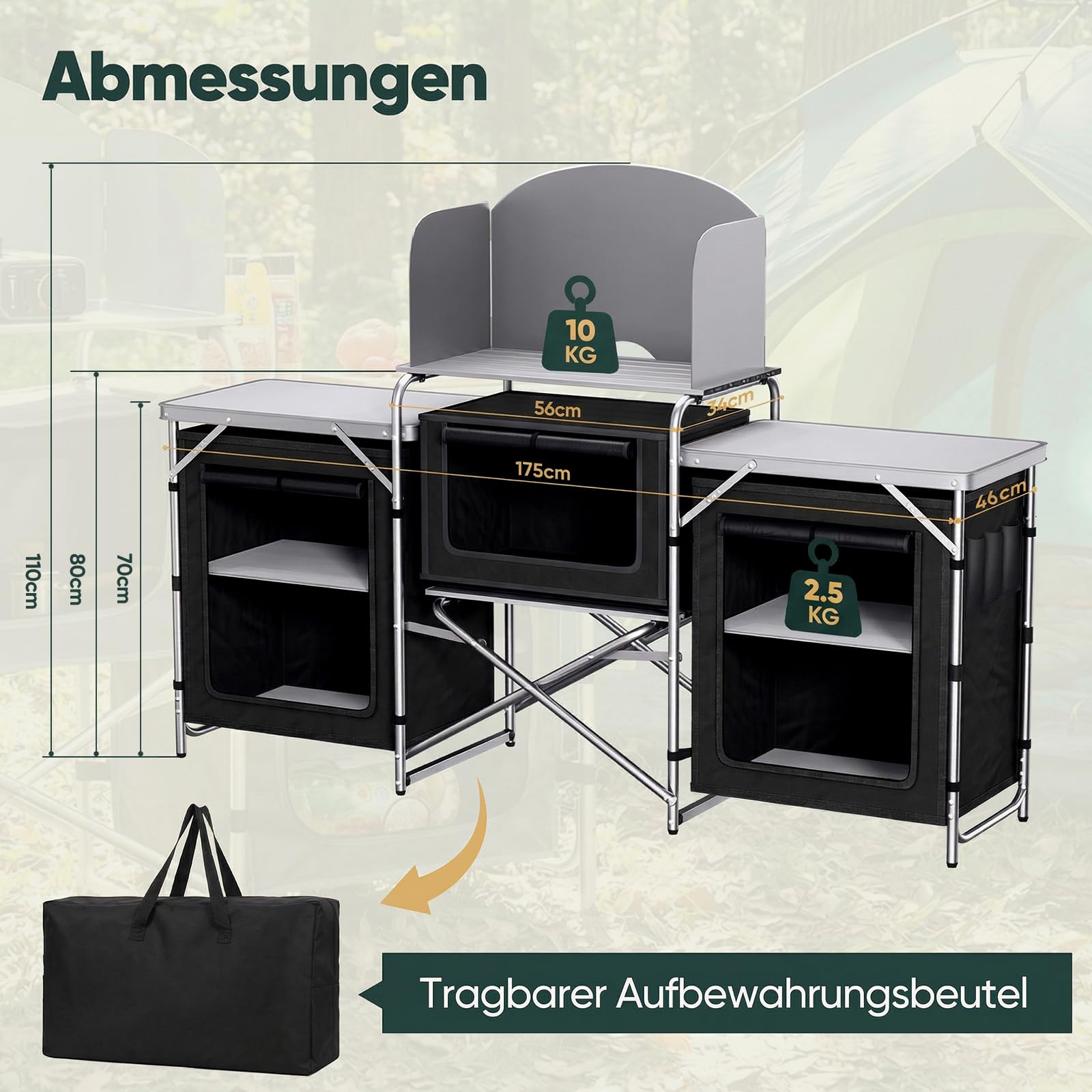 Sekey Campingküche Faltbar, Campingschrank mit Arbeitsplatte und Staufächern, Outdoor Küchenschrank mit Aluminiumgestell, Ink. Tragetasche, Mobile Schränke für Outdoorküche, Vorzelt, Wohnwagen
