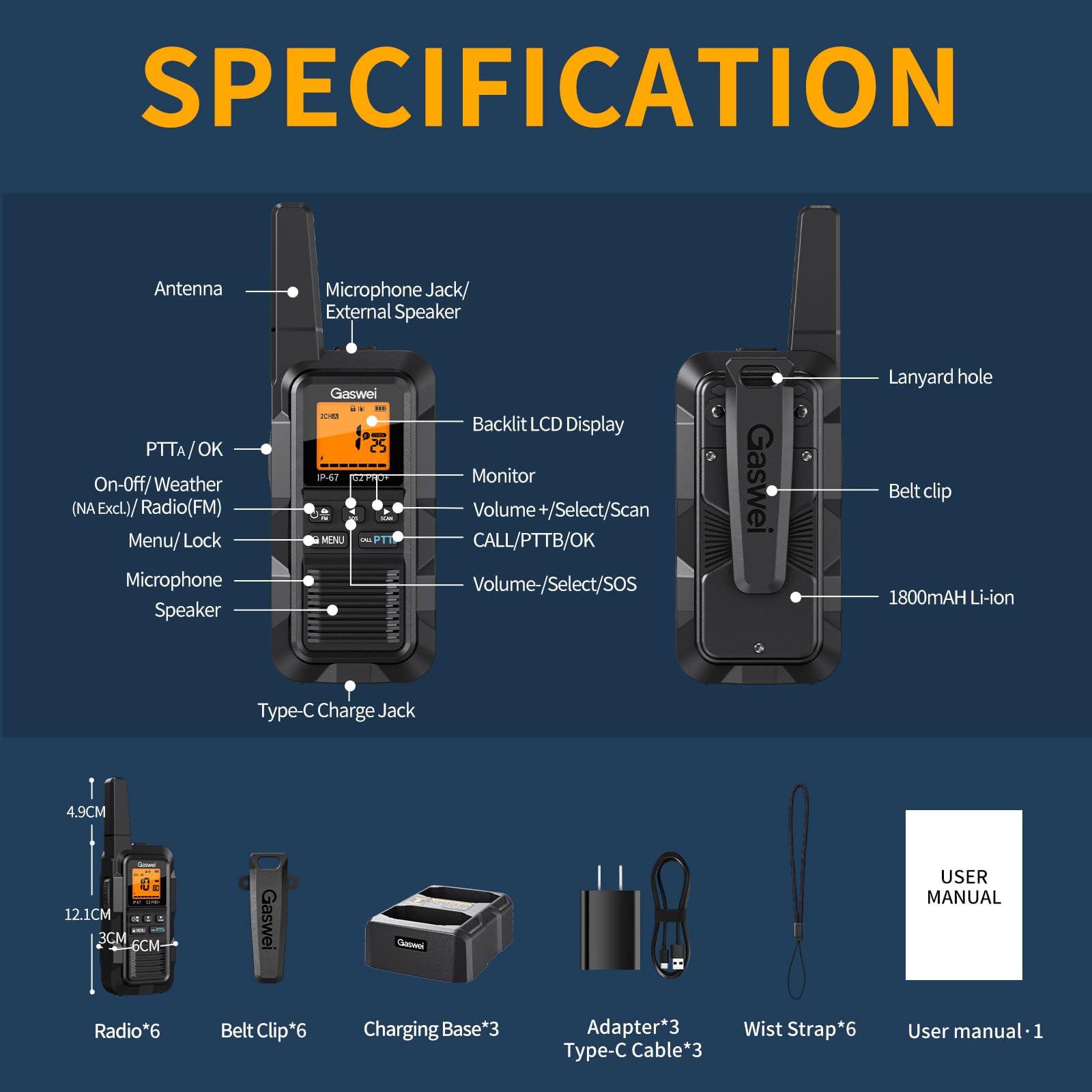 Gaswei G2Pro Professional 2-Way Radios for Adults [2 Pack] | IP67 Waterproof & Floatable Walkie Talkies with Dual PTT, SOS Alarm, FM Radio | Long Range Rechargeable — view 8